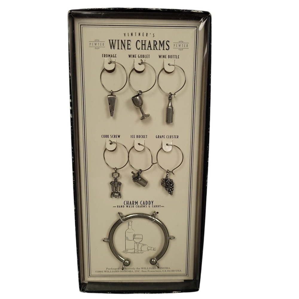 Williams Sonoma Vintner's Pewter Wine Charms Set With Charm Caddy Vtg 2002 NIB